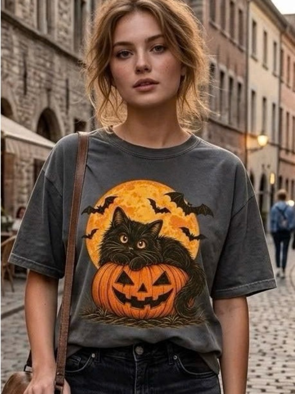 Black Cat On Pumpkin Halloween Graphic Tee Spooky Full Moon Vintage Washed Shirt